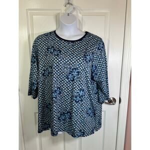 Lands End 2x blue and white 100% cotton 3/4 sleeve top